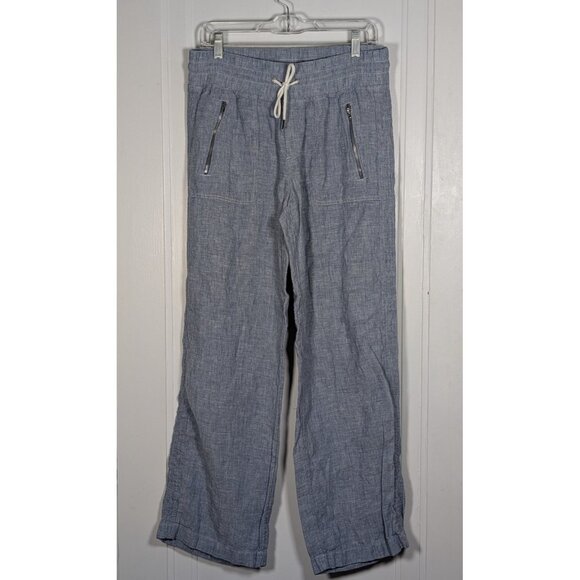Athleta Cabo Textured Wide Leg Pants Blue 100% Linen Womens Size 10 Nautical - Picture 1 of 4